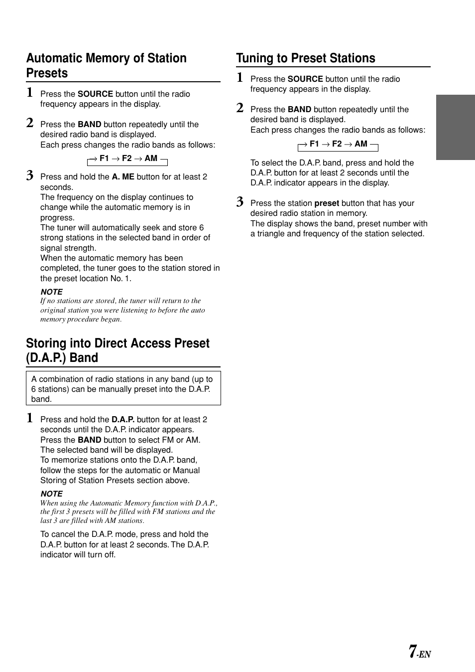 Storing into direct access preset (d.a.p.) band, Tuning to preset stations | Alpine TDM-7580E User Manual | Page 9 / 19