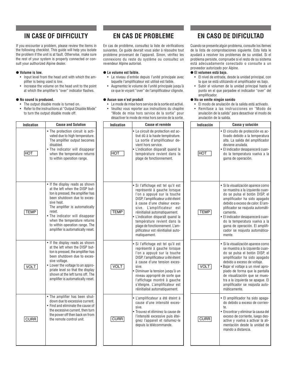 En cas de probleme, En caso de dificultad | Alpine MRD-M501 User Manual | Page 17 / 20