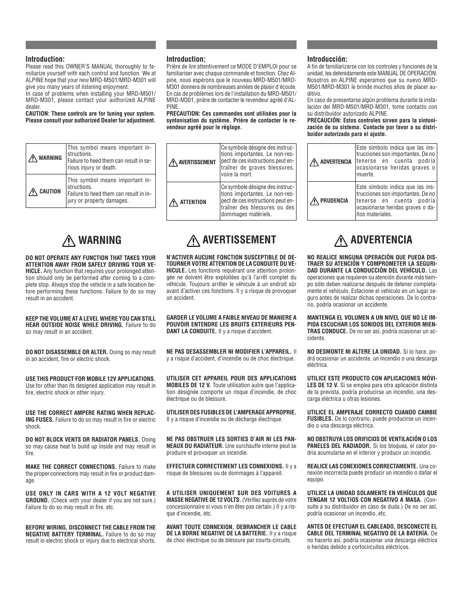 Warning, Avertissement, Advertencia | Alpine MRD-M501 User Manual | Page 2 / 20