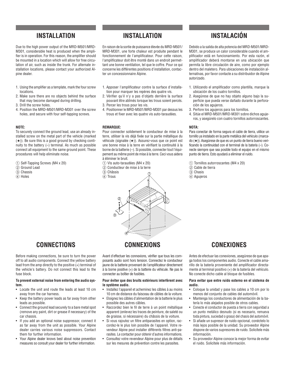 Installation, Connexions, Connections | Instalación, Conexiones | Alpine MRD-M501 User Manual | Page 4 / 20