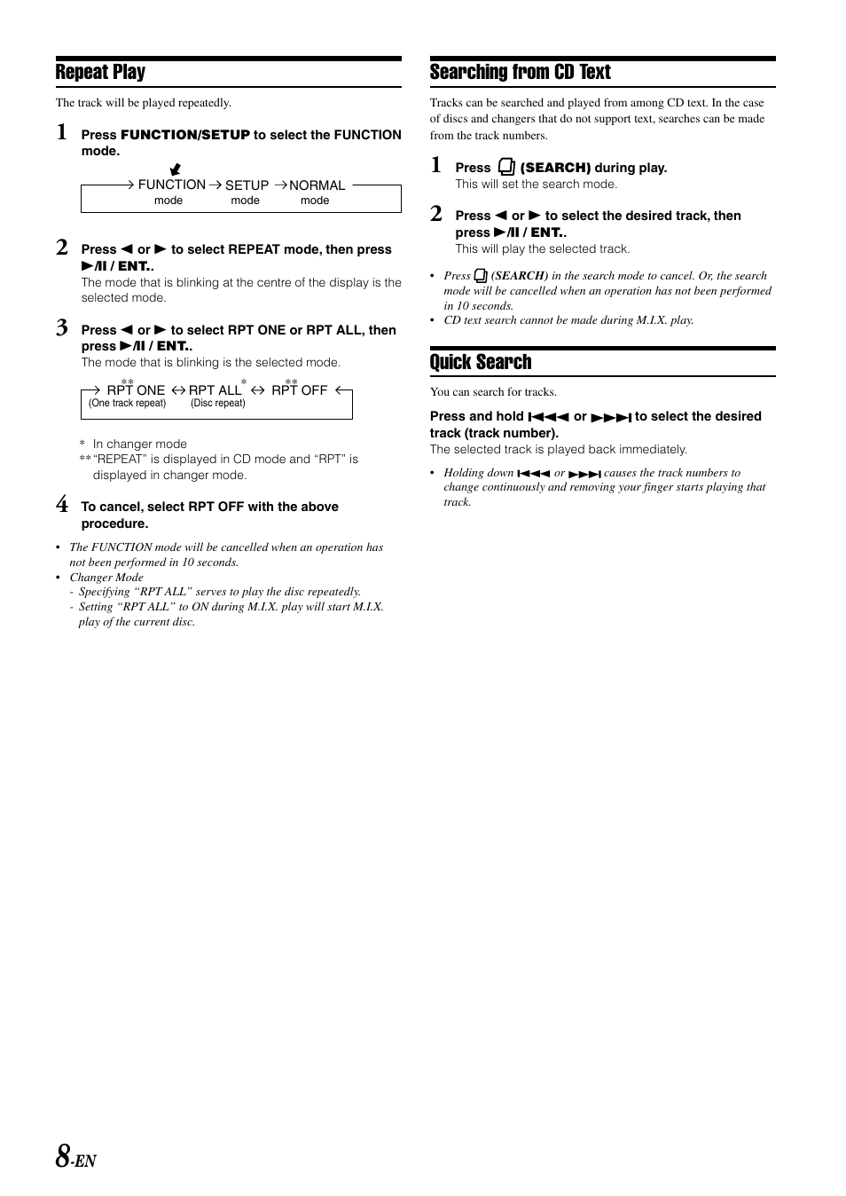Repeat play, Searching from cd text, Quick search | Alpine CDA-W560E User Manual | Page 10 / 36