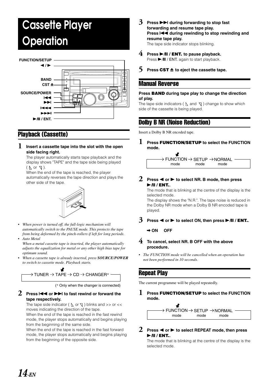 Cassette player operation, Playback (cassette), Manual reverse | Dolby b nr (noise reduction), Repeat play | Alpine CDA-W560E User Manual | Page 16 / 36