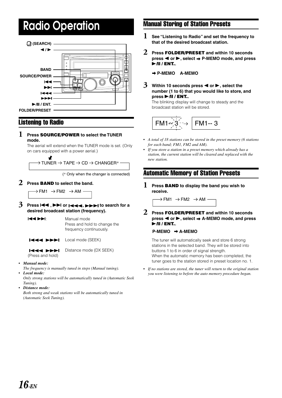 Radio operation, Listening to radio, Manual storing of station presets | Alpine CDA-W560E User Manual | Page 18 / 36