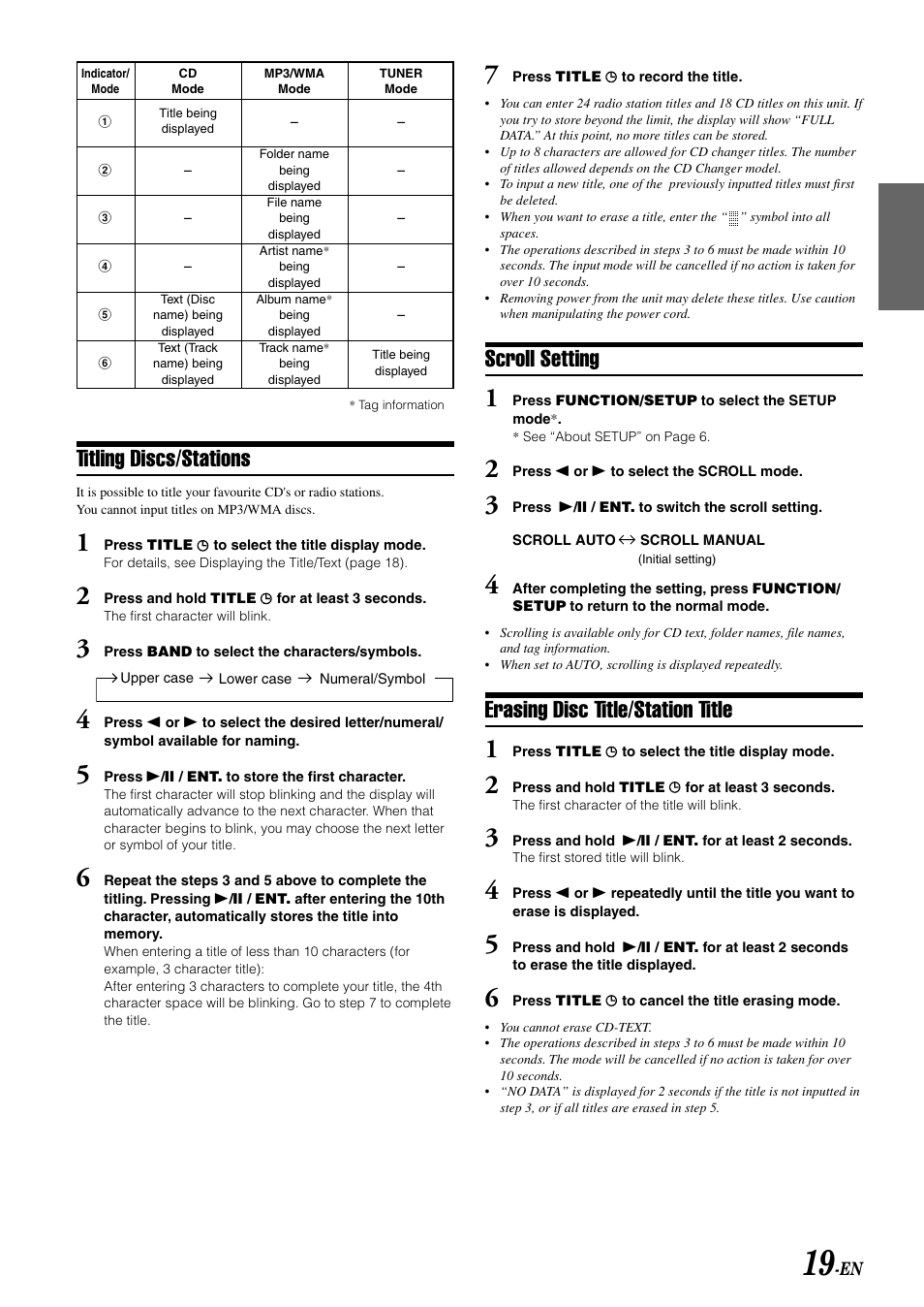 Scroll setting, Erasing disc title/station title, Titling discs/stations | Alpine CDA-W560E User Manual | Page 21 / 36