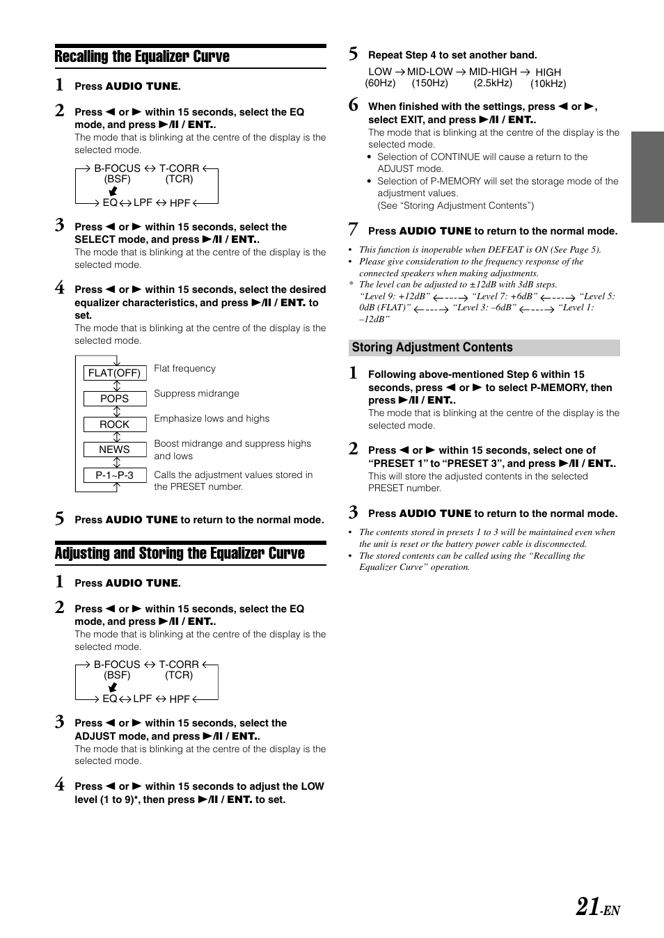 Recalling the equalizer curve, Adjusting and storing the equalizer curve | Alpine CDA-W560E User Manual | Page 23 / 36