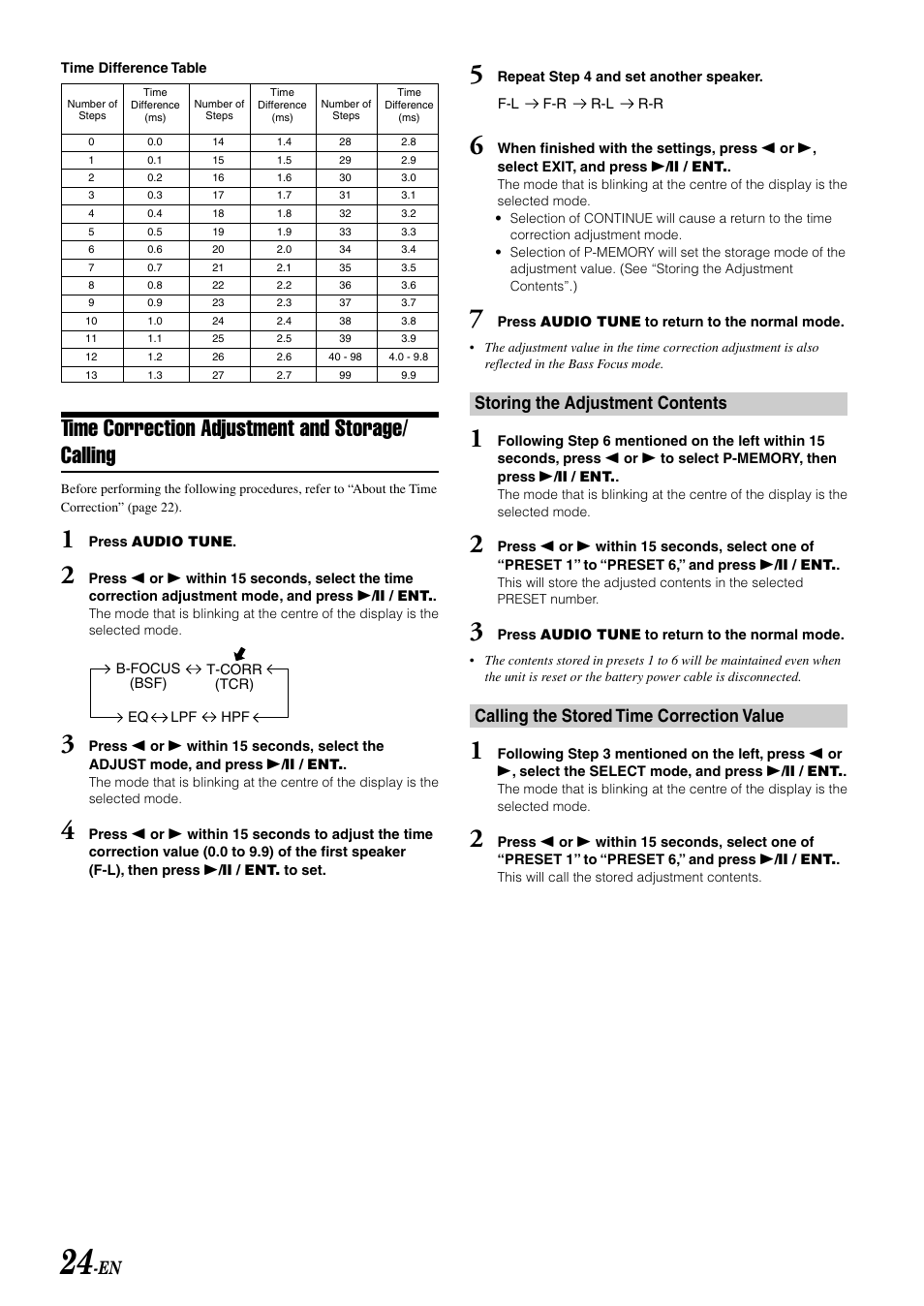 Time correction adjustment and storage/ calling, Storing the adjustment contents, Calling the stored time correction value | Alpine CDA-W560E User Manual | Page 26 / 36