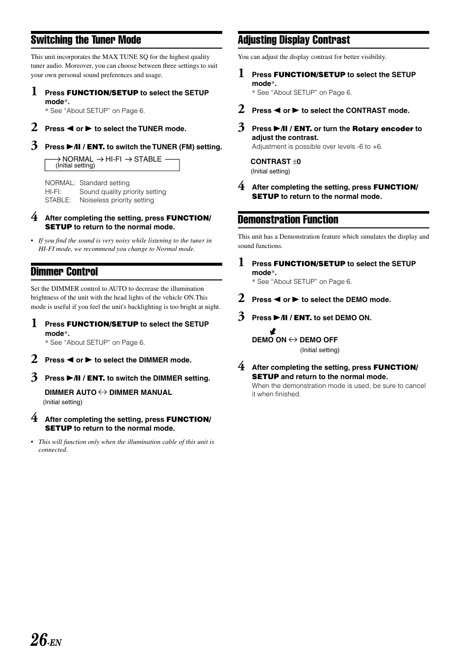 Adjusting display contrast, Demonstration function, Switching the tuner mode | Dimmer control | Alpine CDA-W560E User Manual | Page 28 / 36