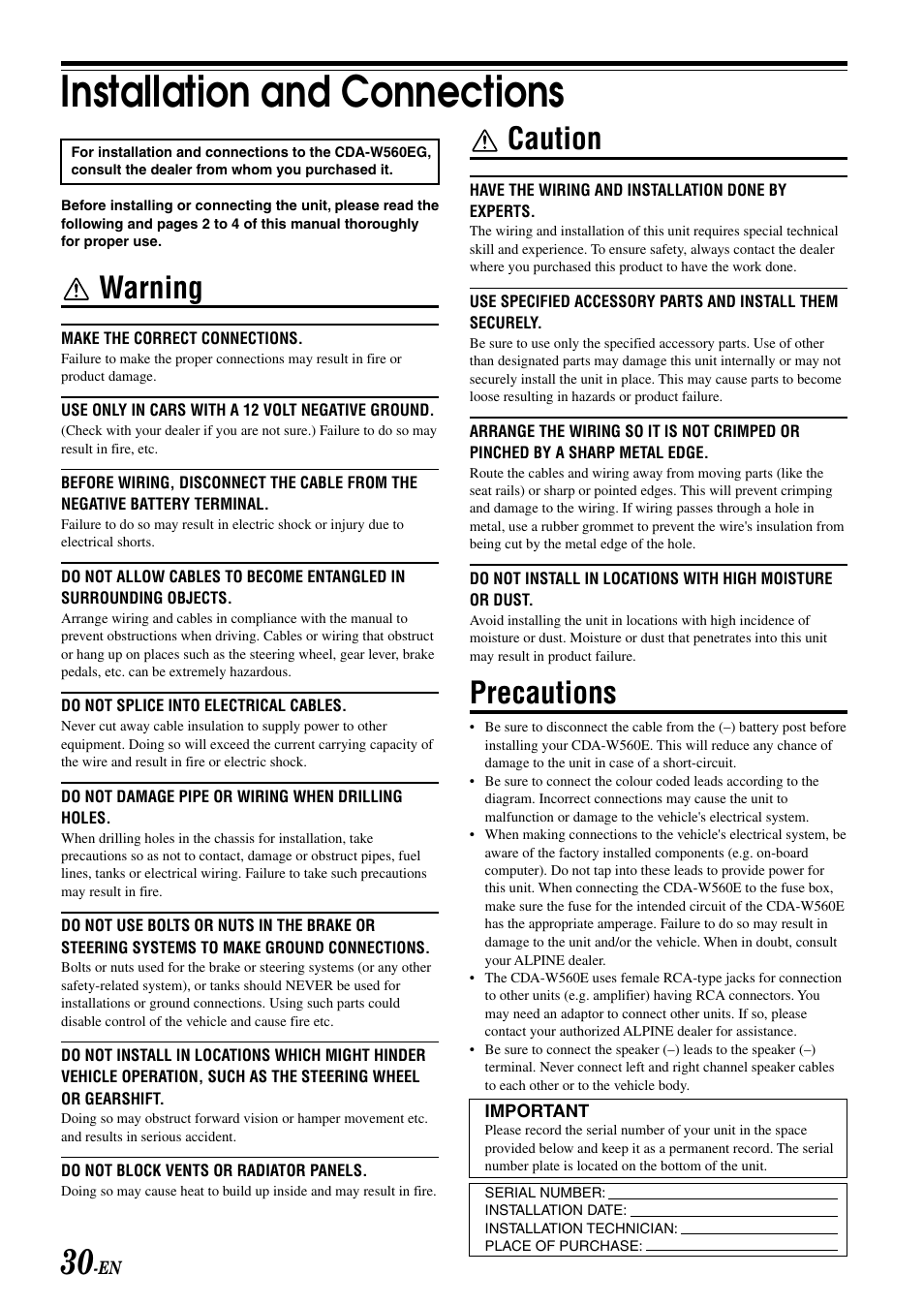 Installation and connections, Warning, Caution | Precautions | Alpine CDA-W560E User Manual | Page 32 / 36