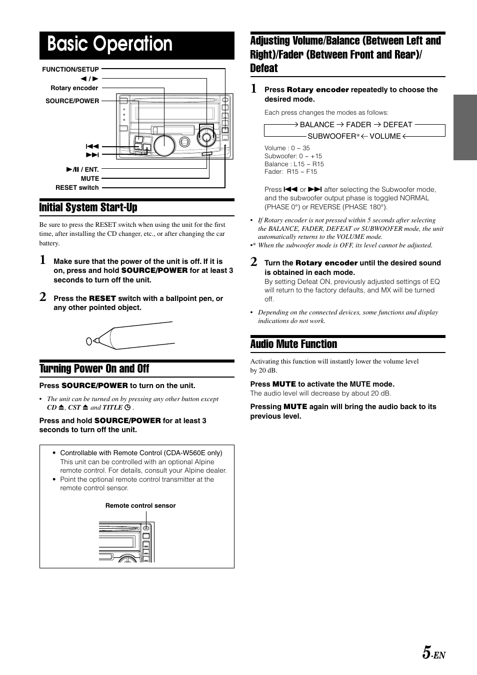 Basic operation, Initial system start-up, Turning power on and off | Audio mute function | Alpine CDA-W560E User Manual | Page 7 / 36