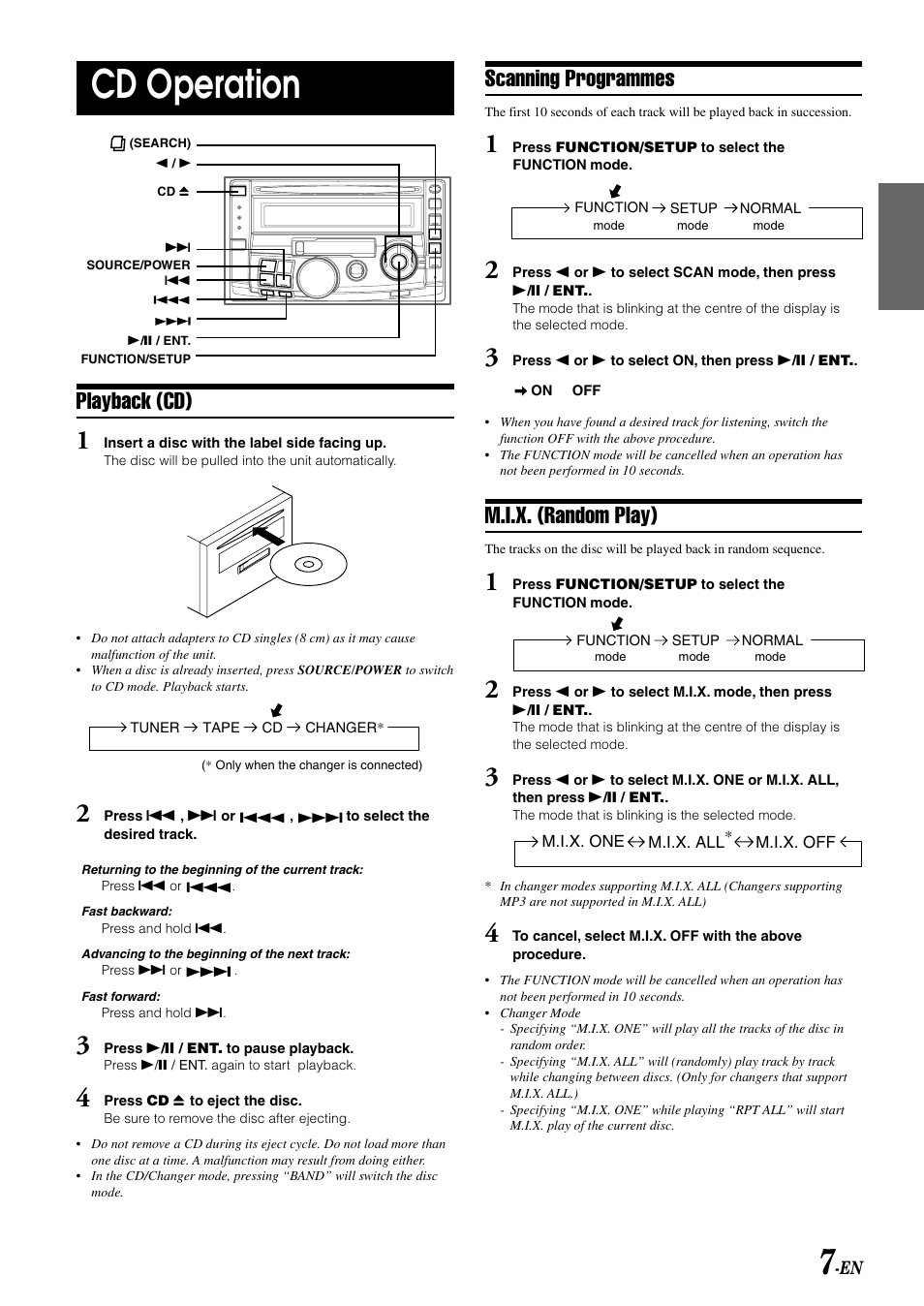 Cd operation, Playback (cd), Scanning programmes | M.i.x. (random play) | Alpine CDA-W560E User Manual | Page 9 / 36