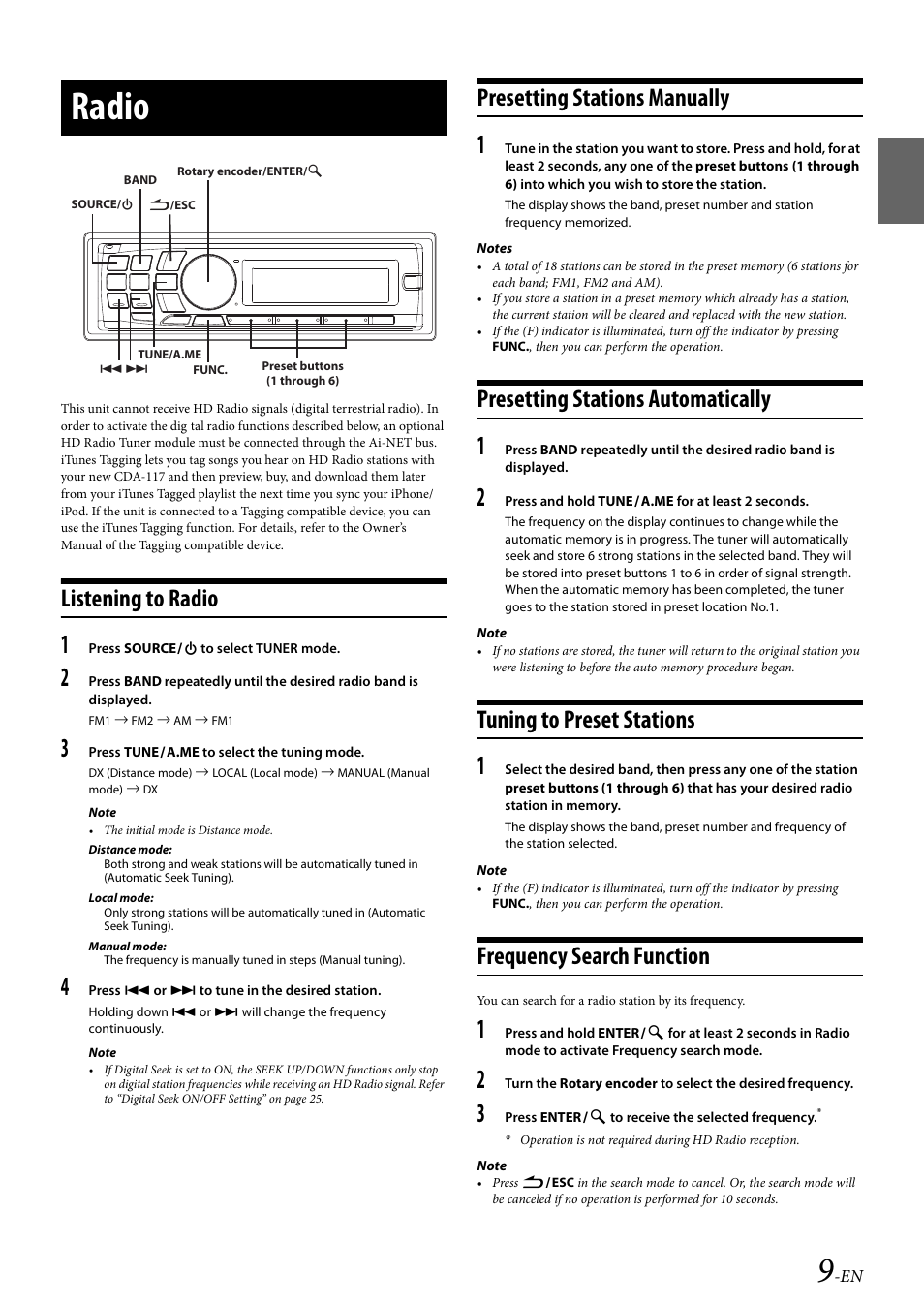 Radio, Listening to radio, Presetting stations manually | Presetting stations automatically, Tuning to preset stations, Frequency search function | Alpine CDA-117 User Manual | Page 11 / 56