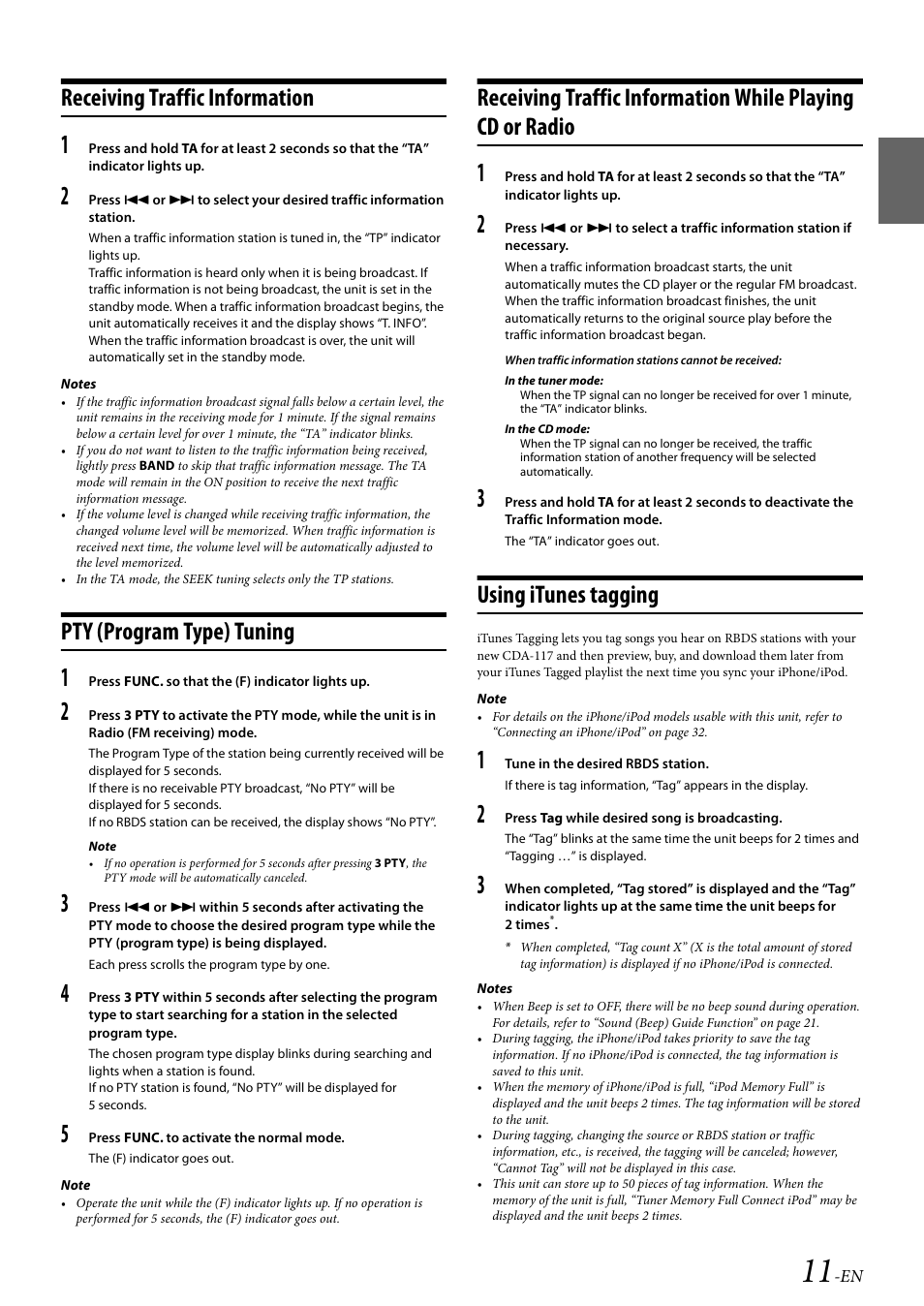 Receiving traffic information, Pty (program type) tuning, Using itunes tagging | Alpine CDA-117 User Manual | Page 13 / 56