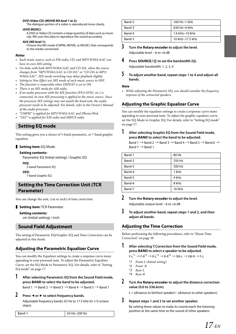Setting eq mode, Setting the time correction unit (tcr parameter), Sound field adjustment | Adjusting the parametric equalizer curve, Adjusting the graphic equalizer curve, Adjusting the time correction | Alpine CDA-117 User Manual | Page 19 / 56