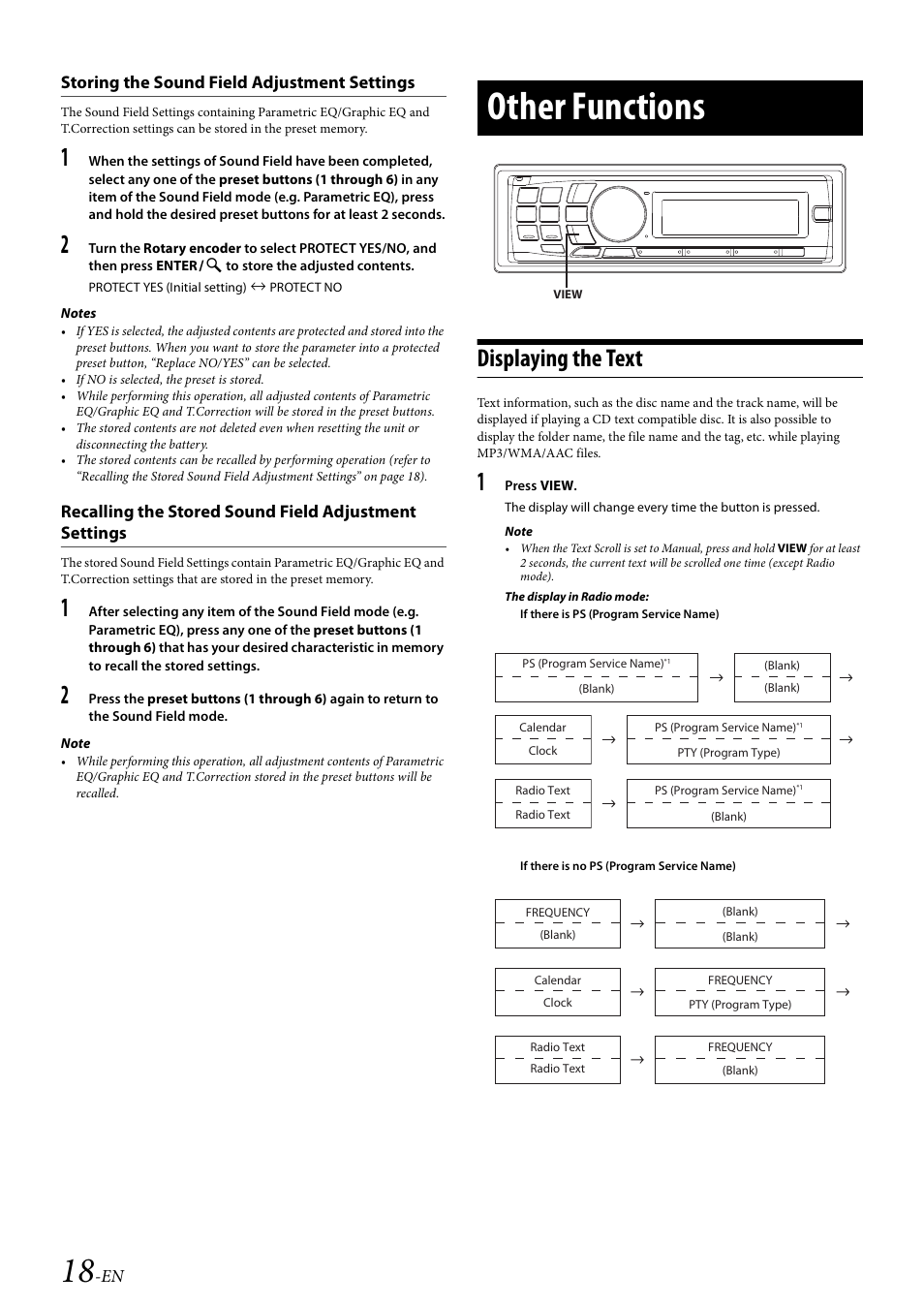 Storing the sound field adjustment settings, Other functions, Displaying the text | Alpine CDA-117 User Manual | Page 20 / 56