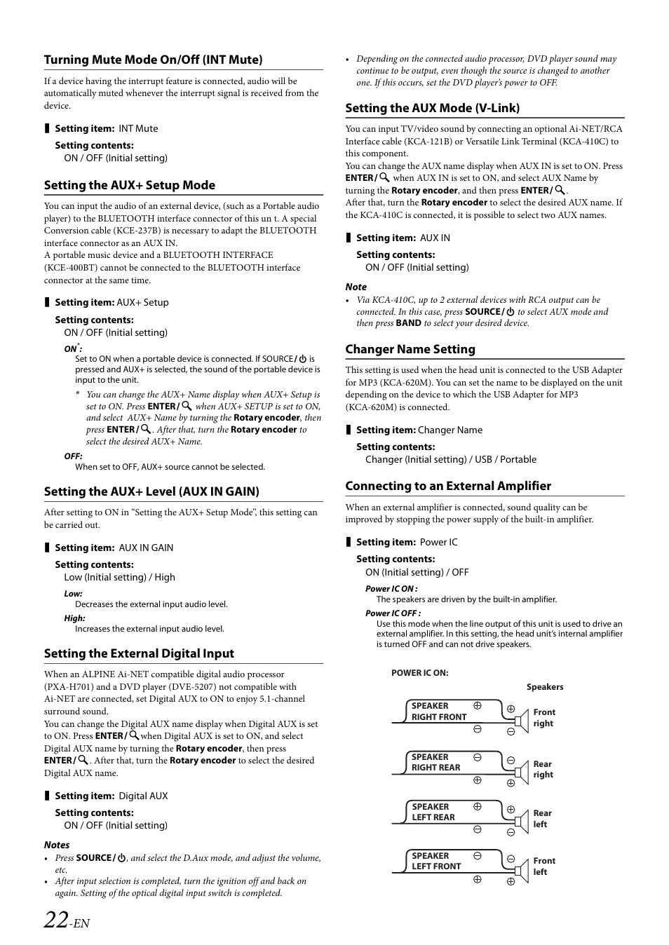 Turning mute mode on/off (int mute), Setting the aux+ setup mode, Setting the aux+ level (aux in gain) | Setting the external digital input, Setting the aux mode (v-link), Changer name setting, Connecting to an external amplifier, Refer to, En turning mute mode on/off (int mute) | Alpine CDA-117 User Manual | Page 24 / 56