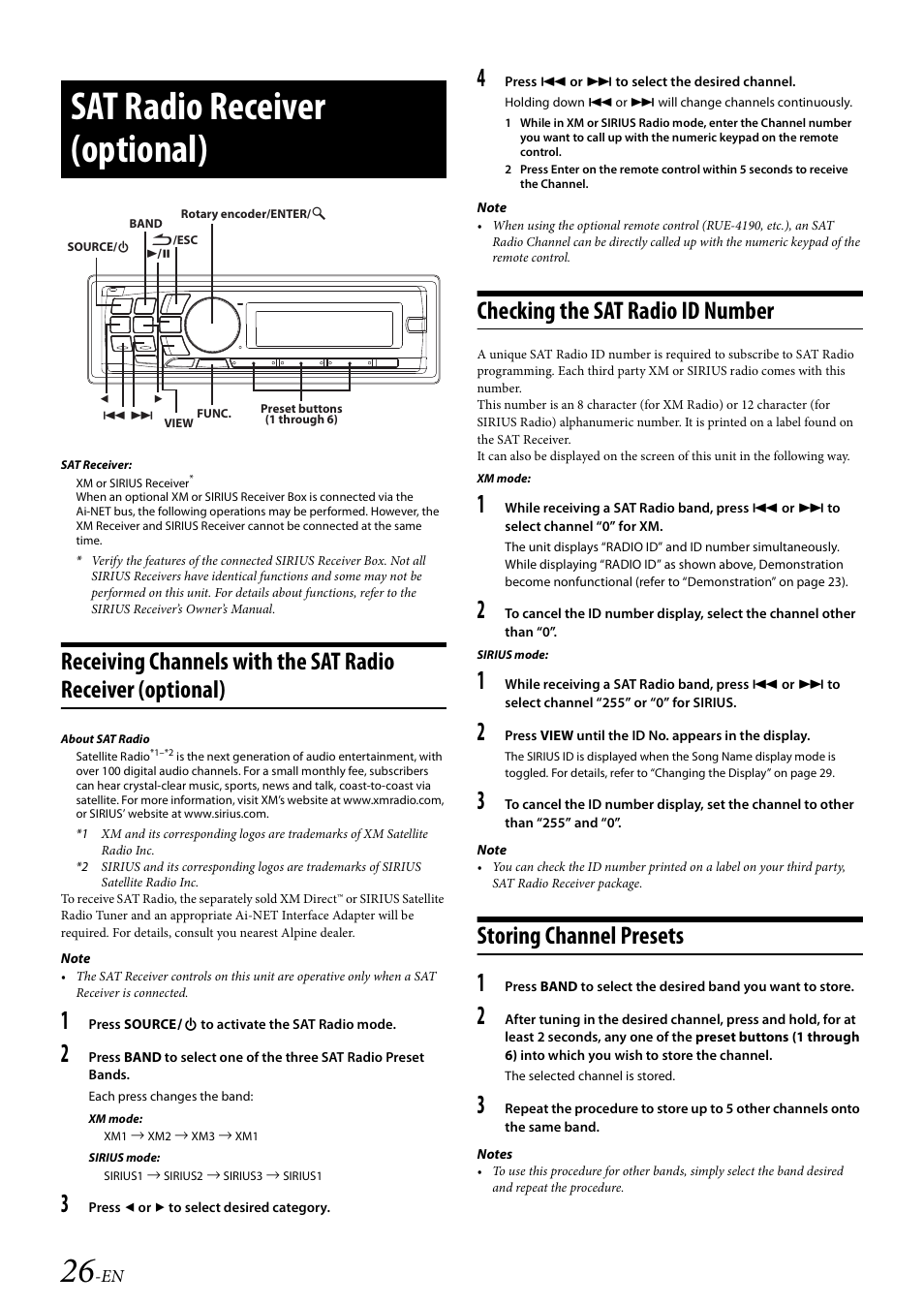 Sat radio receiver (optional), Checking the sat radio id number, Storing channel presets | Alpine CDA-117 User Manual | Page 28 / 56