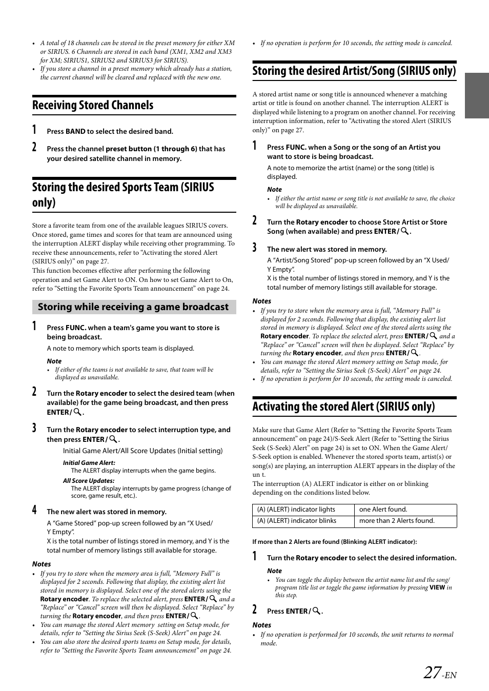 Receiving stored channels, Storing the desired sports team (sirius only), Storing while receiving a game broadcast | Storing the desired artist/song (sirius only), Activating the stored alert (sirius only) | Alpine CDA-117 User Manual | Page 29 / 56
