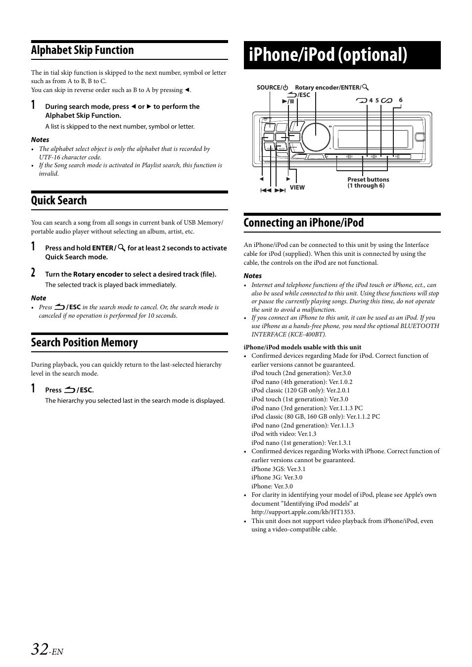 Alphabet skip function, Quick search, Search position memory | Iphone/ipod (optional), Connecting an iphone/ipod | Alpine CDA-117 User Manual | Page 34 / 56
