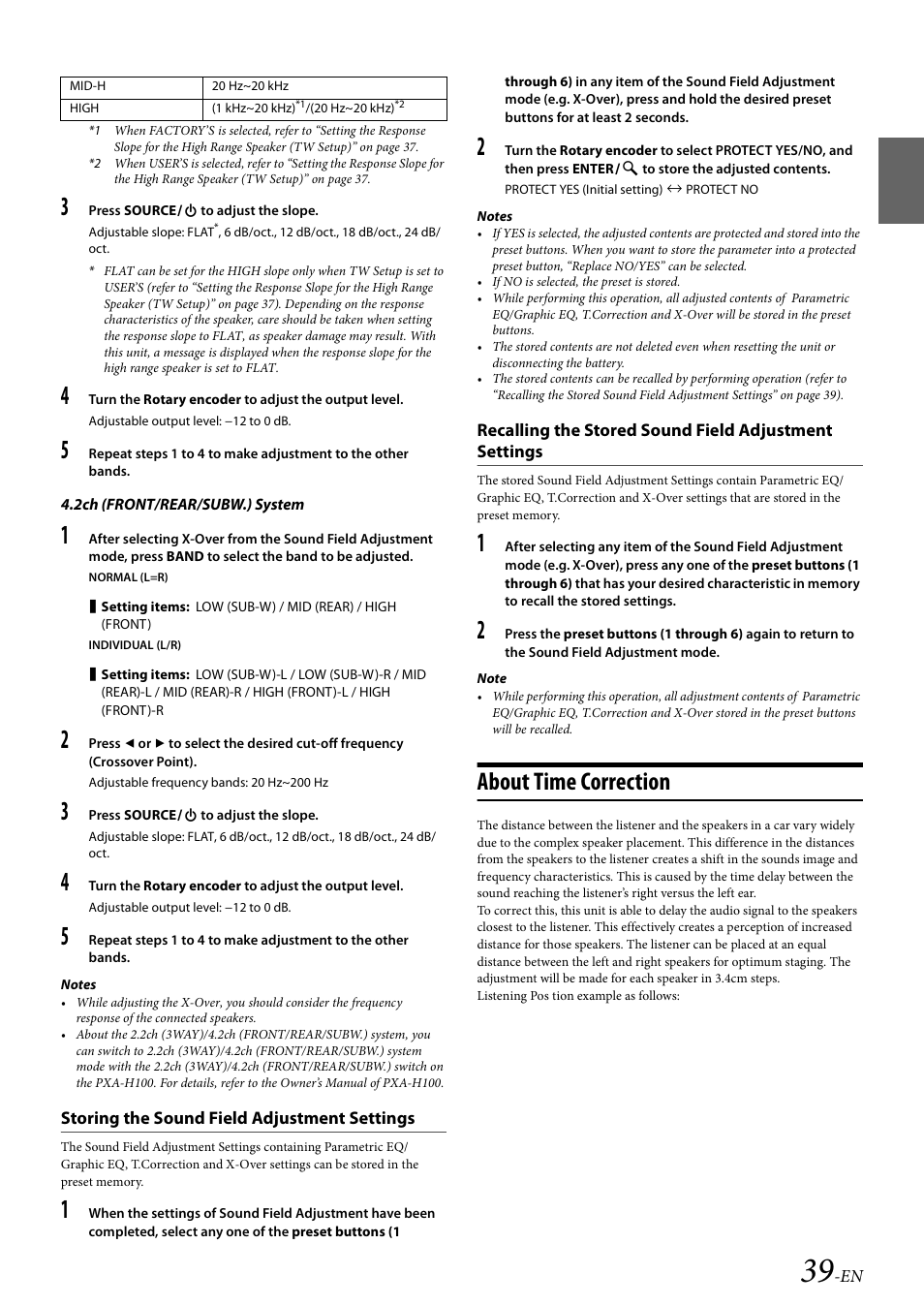 Storing the sound field adjustment settings, About time correction | Alpine CDA-117 User Manual | Page 41 / 56
