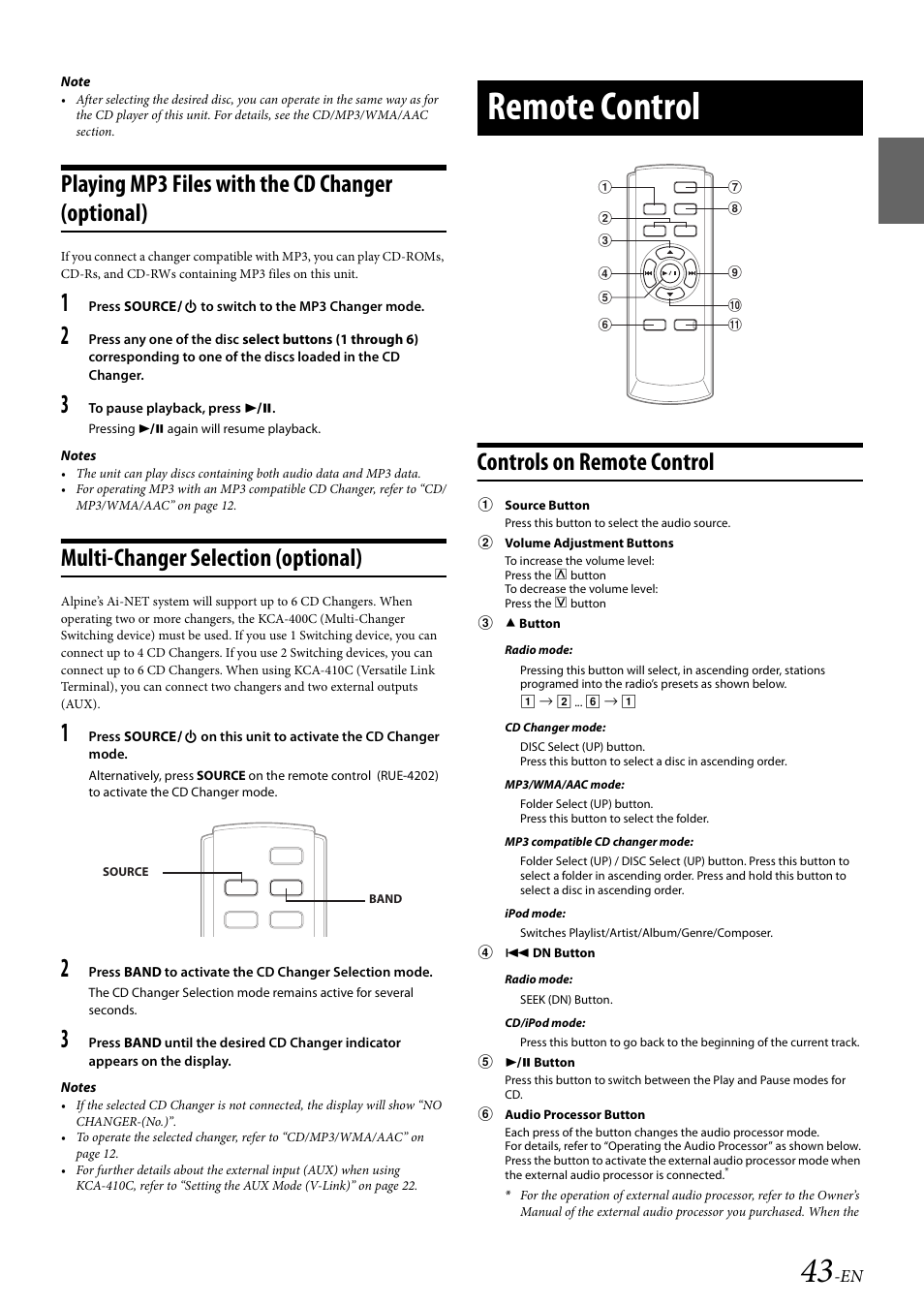 Playing mp3 files with the cd changer (optional), Multi-changer selection (optional), Remote control | Controls on remote control | Alpine CDA-117 User Manual | Page 45 / 56