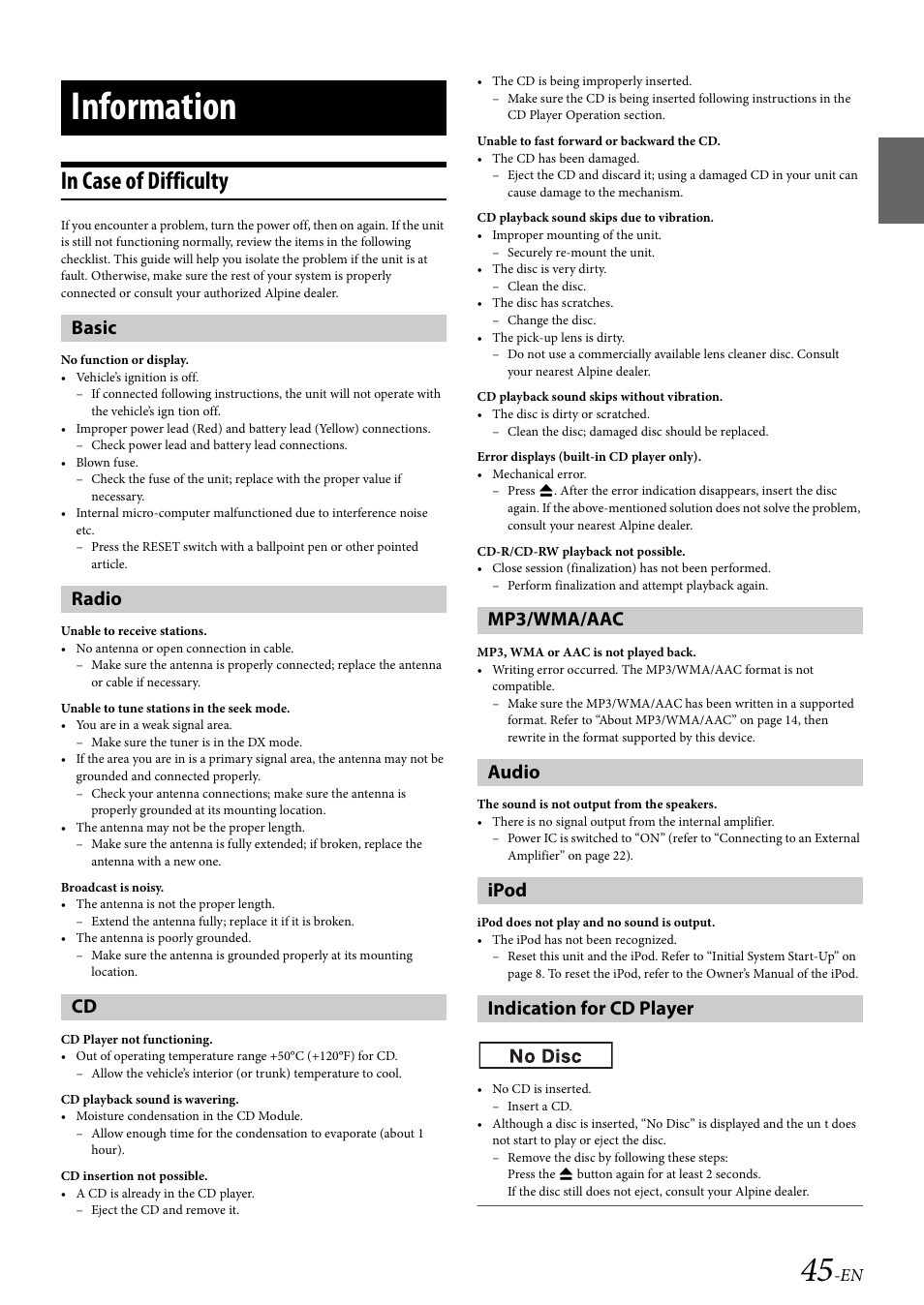 Information, In case of difficulty, Basic | Radio, Mp3/wma/aac, Audio, Ipod, Indication for cd player | Alpine CDA-117 User Manual | Page 47 / 56