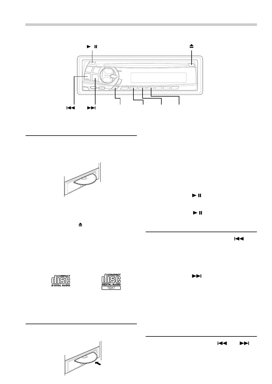 Operación del reproductor de discos compactos, Inserción/expulsión de discos, Reproducción y pausa normales | Sensor de música (salto), Avance rápido o retroceso | Alpine CDE-7856 User Manual | Page 54 / 64