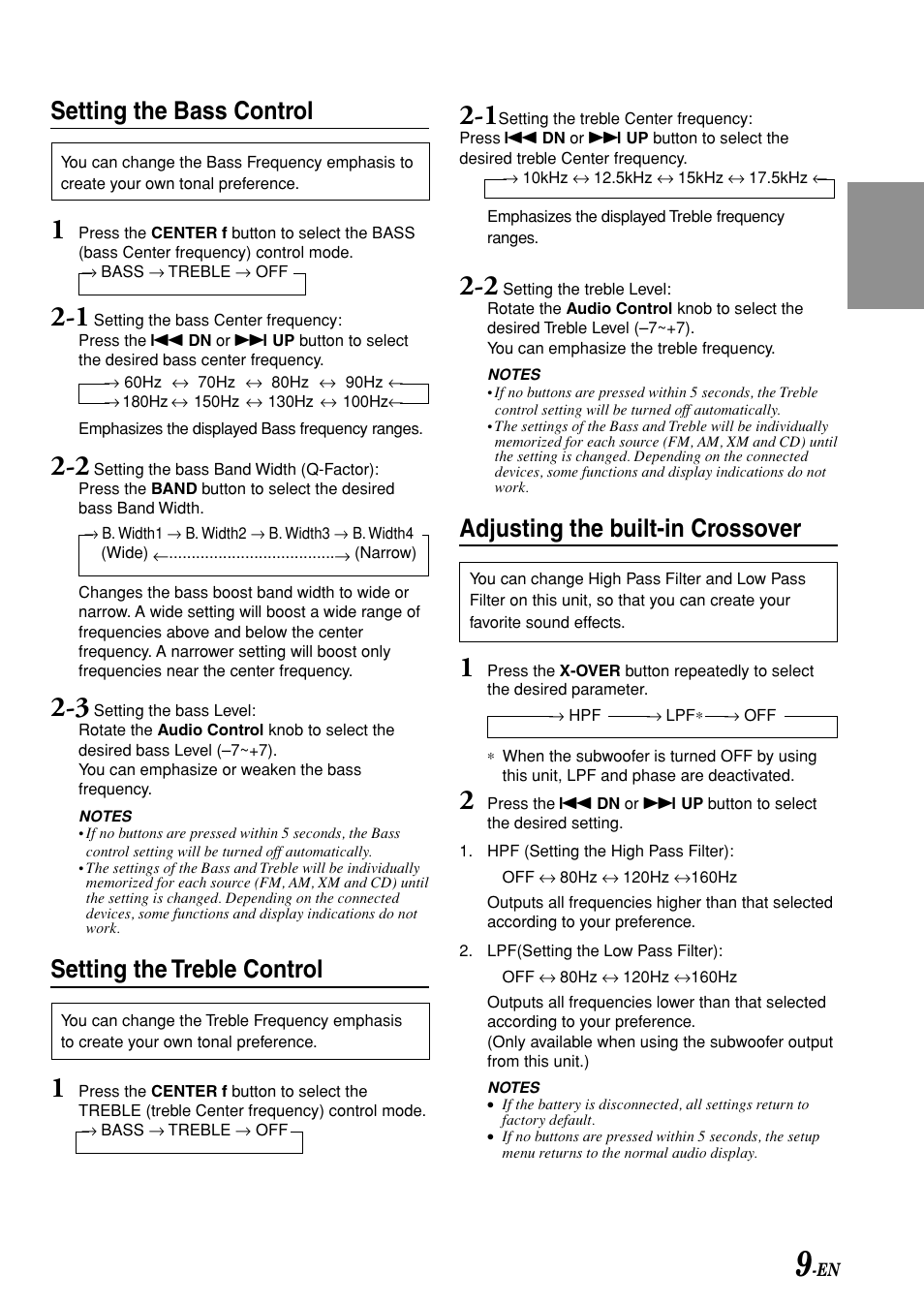 Adjusting the built-in crossover, Setting the bass control, Setting the treble control | Alpine CDA-7875 User Manual | Page 11 / 36