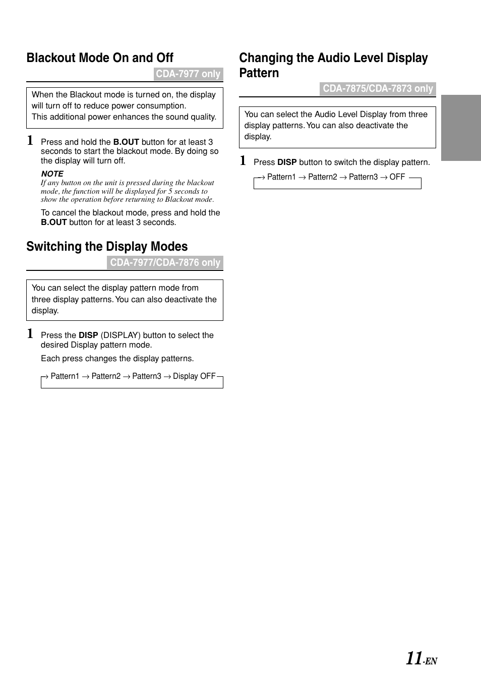 Blackout mode on and off, Switching the display modes, Changing the audio level display pattern | Alpine CDA-7875 User Manual | Page 13 / 36