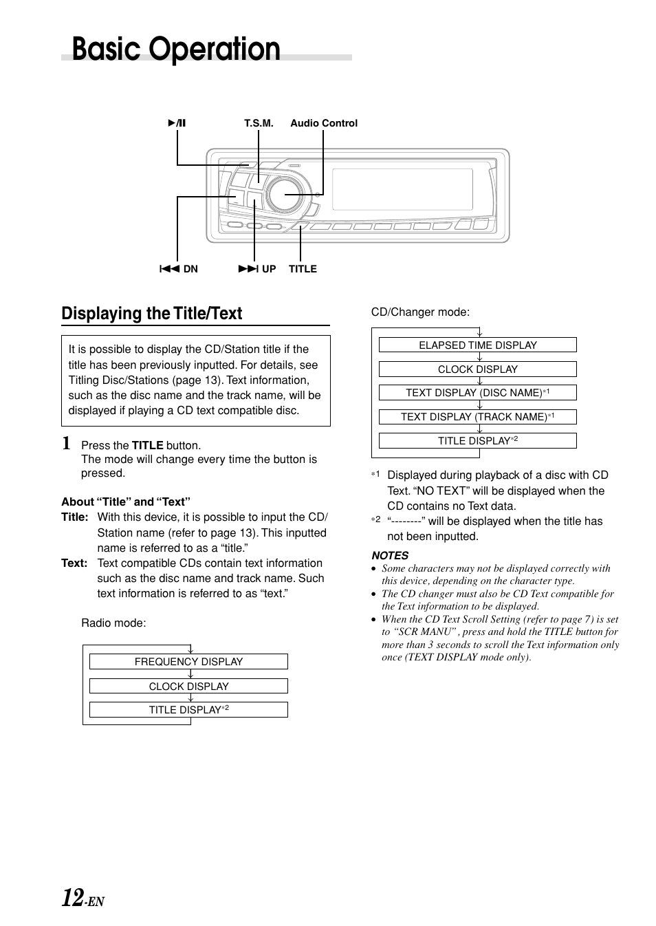 Basic operation, Displaying the title/text | Alpine CDA-7875 User Manual | Page 14 / 36