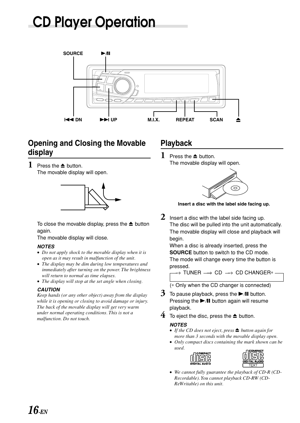 Cd player operation, Playback, Opening and closing the movable display | Alpine CDA-7875 User Manual | Page 18 / 36