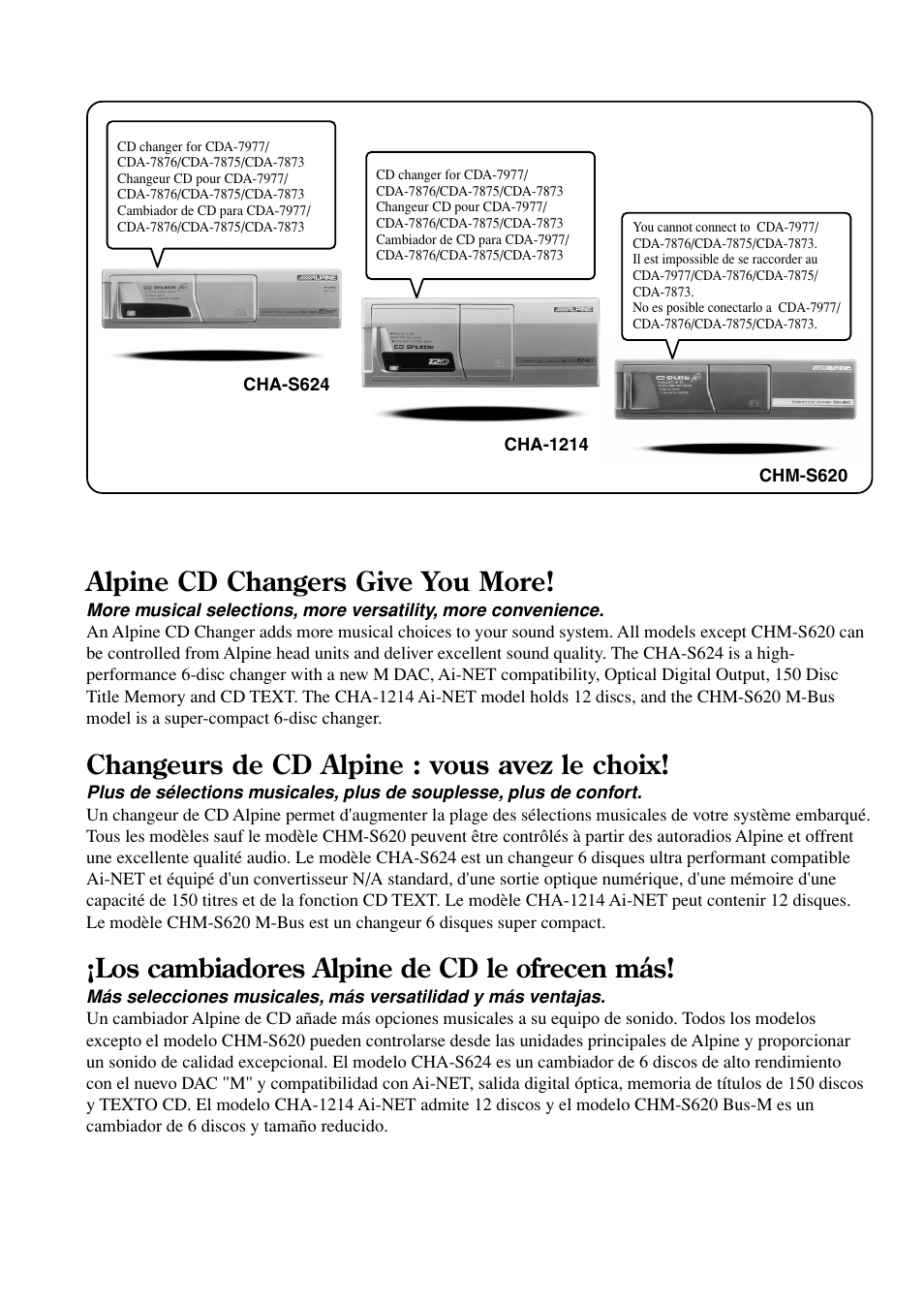 Alpine cd changers give you more, Changeurs de cd alpine : vous avez le choix, Los cambiadores alpine de cd le ofrecen más | Alpine CDA-7875 User Manual | Page 2 / 36