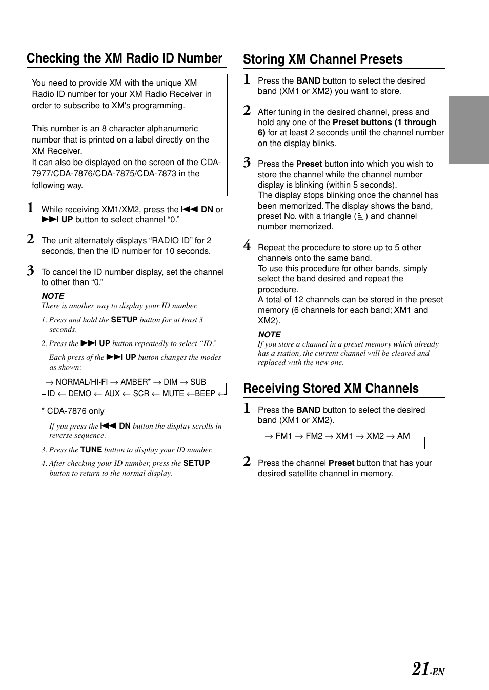 Storing xm channel presets, Receiving stored xm channels, Checking the xm radio id number | Alpine CDA-7875 User Manual | Page 23 / 36