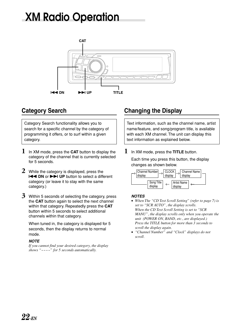 Xm radio operation, Changing the display, Category search | Alpine CDA-7875 User Manual | Page 24 / 36