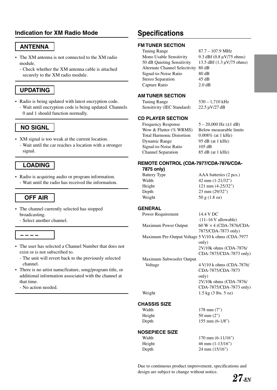 Specifications, Indication for xm radio mode, Antenna updating loading no signl off air | Alpine CDA-7875 User Manual | Page 29 / 36