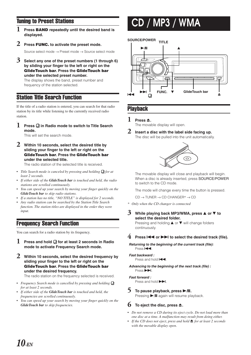 Cd / mp3 / wma, Playback, Tuning to preset stations | Station title search function, Frequency search function | Alpine 68-04123Z09-A User Manual | Page 12 / 43