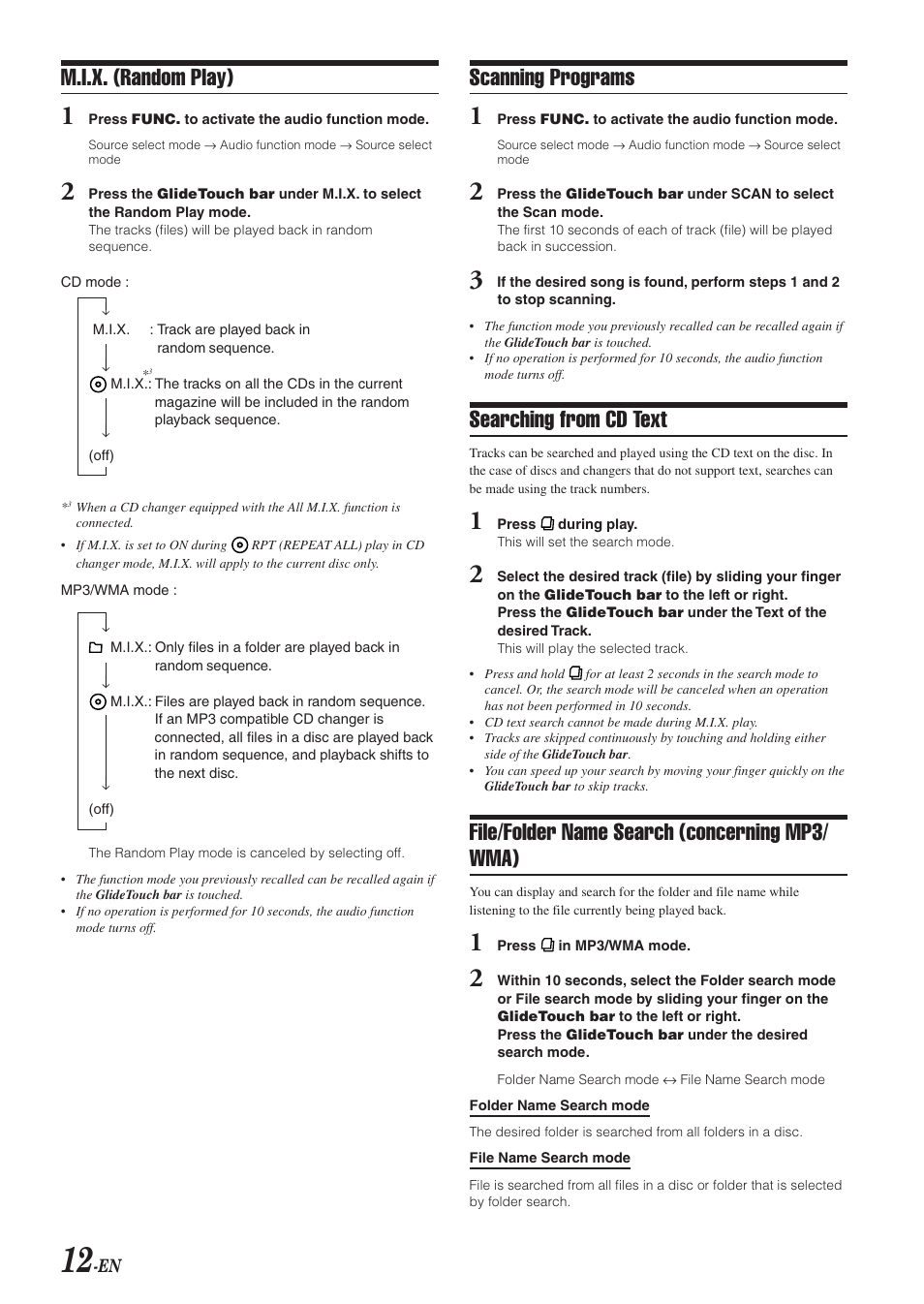 M.i.x. (random play), Scanning programs, Searching from cd text | File/folder name search (concerning mp3/ wma) | Alpine 68-04123Z09-A User Manual | Page 14 / 43