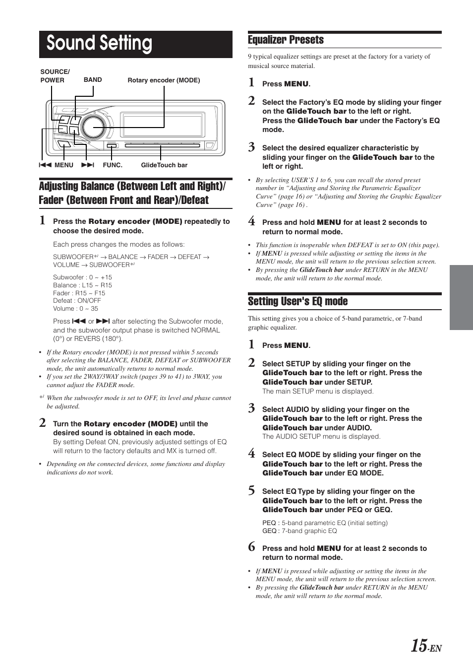 Sound setting, Equalizer presets, Setting user's eq mode | Alpine 68-04123Z09-A User Manual | Page 17 / 43