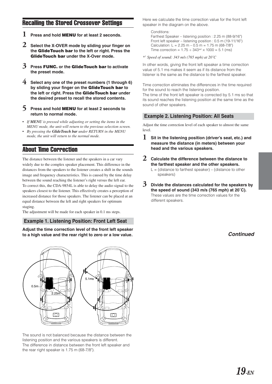 Recalling the stored crossover settings, About time correction | Alpine 68-04123Z09-A User Manual | Page 21 / 43
