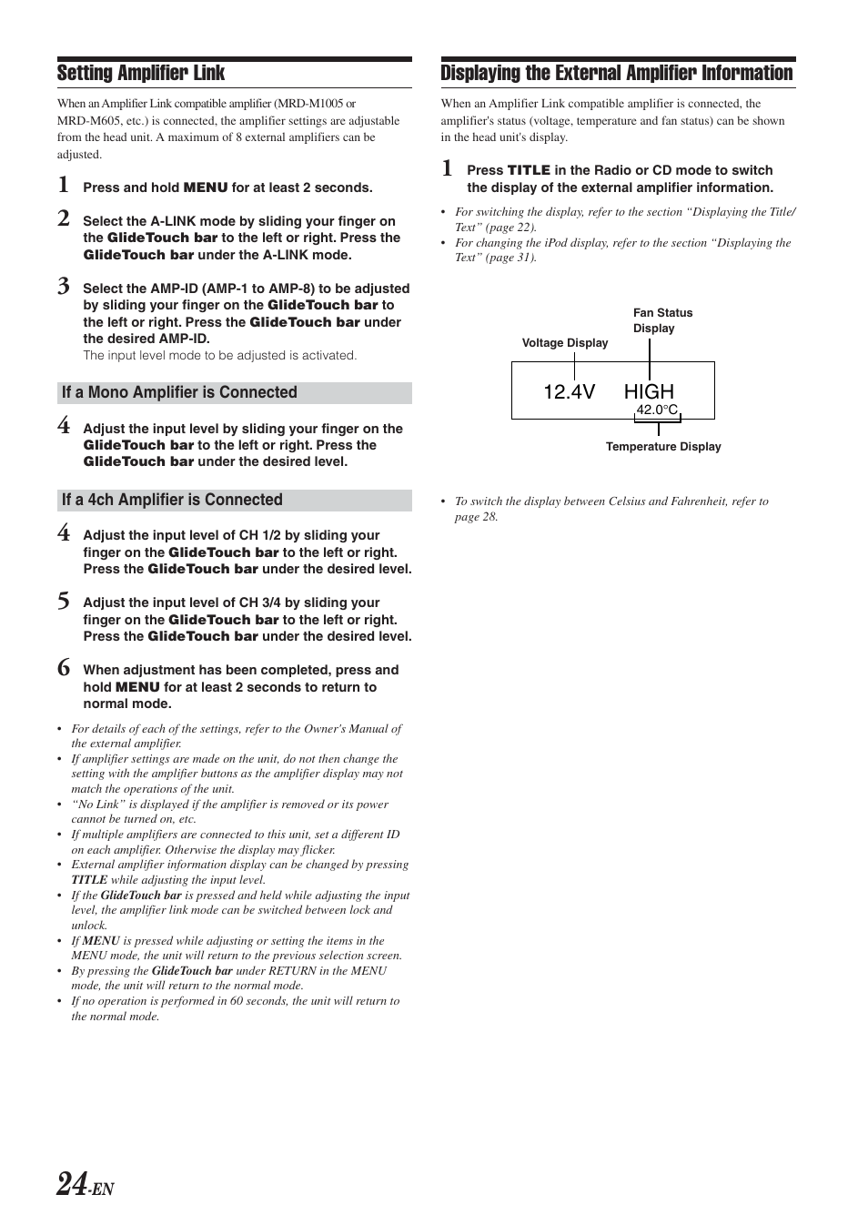 Setting amplifier link, Displaying the external amplifier information, 4v high | Alpine 68-04123Z09-A User Manual | Page 26 / 43