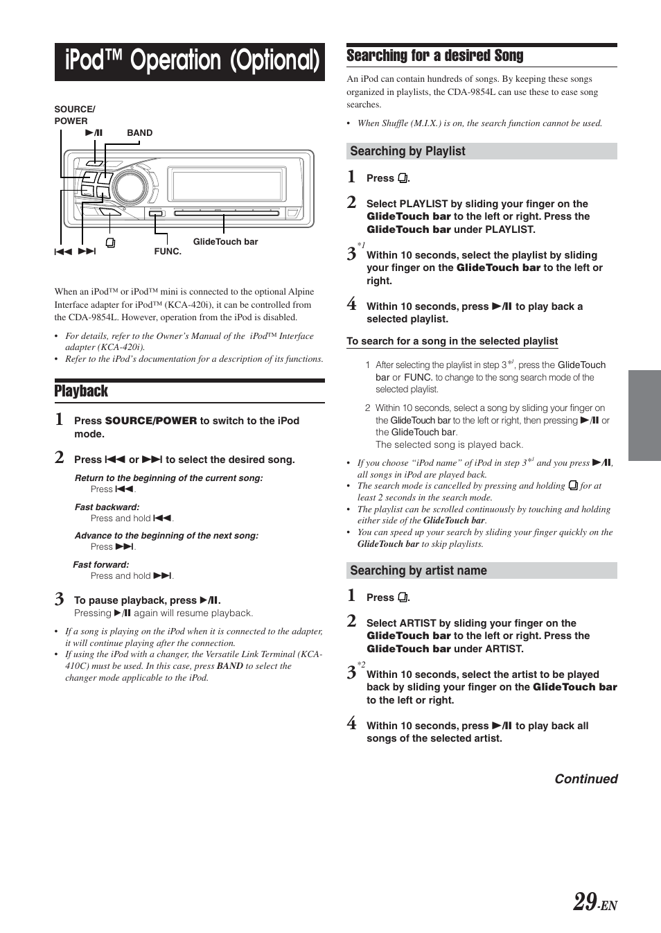 Ipod™ operation (optional), Playback, Searching for a desired song | Alpine 68-04123Z09-A User Manual | Page 31 / 43