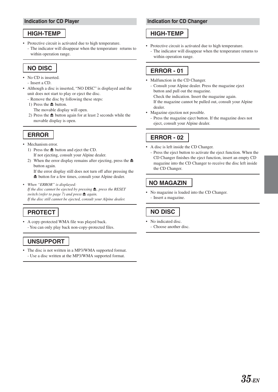High-temp, No disc, Error | Protect, Unsupport, Error - 01, Error - 02, No magazin | Alpine 68-04123Z09-A User Manual | Page 37 / 43