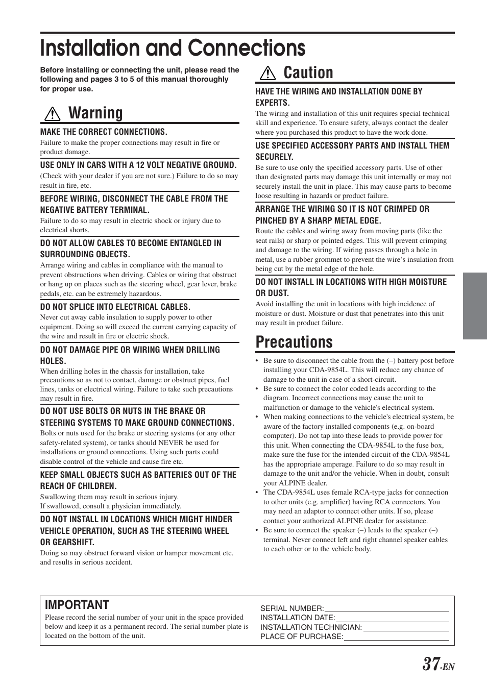 Installation and connections, Warning, Caution | Precautions, Important | Alpine 68-04123Z09-A User Manual | Page 39 / 43