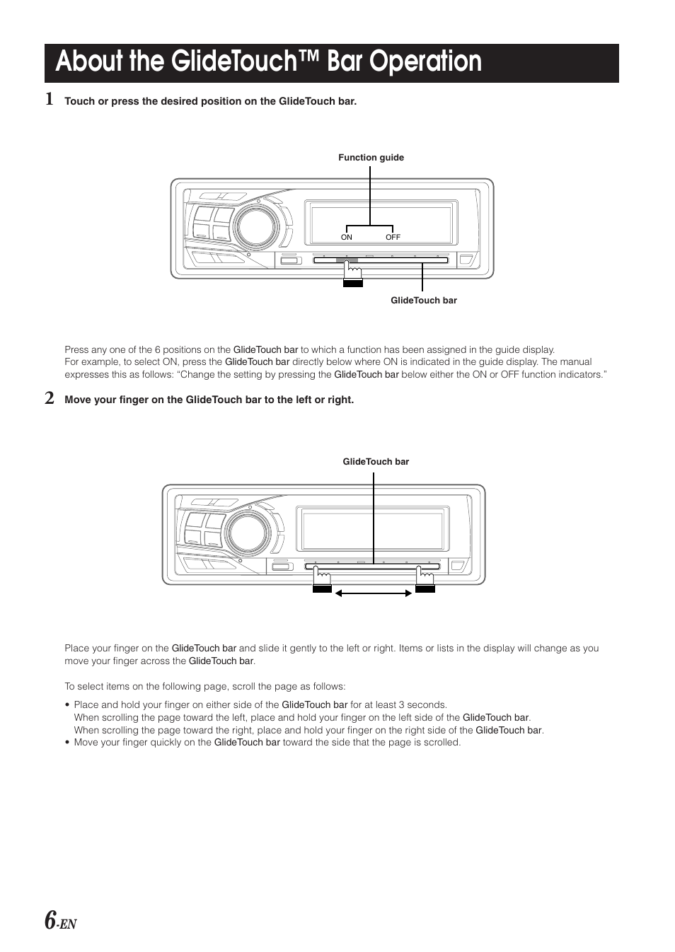 About the glidetouch™ bar operation | Alpine 68-04123Z09-A User Manual | Page 8 / 43