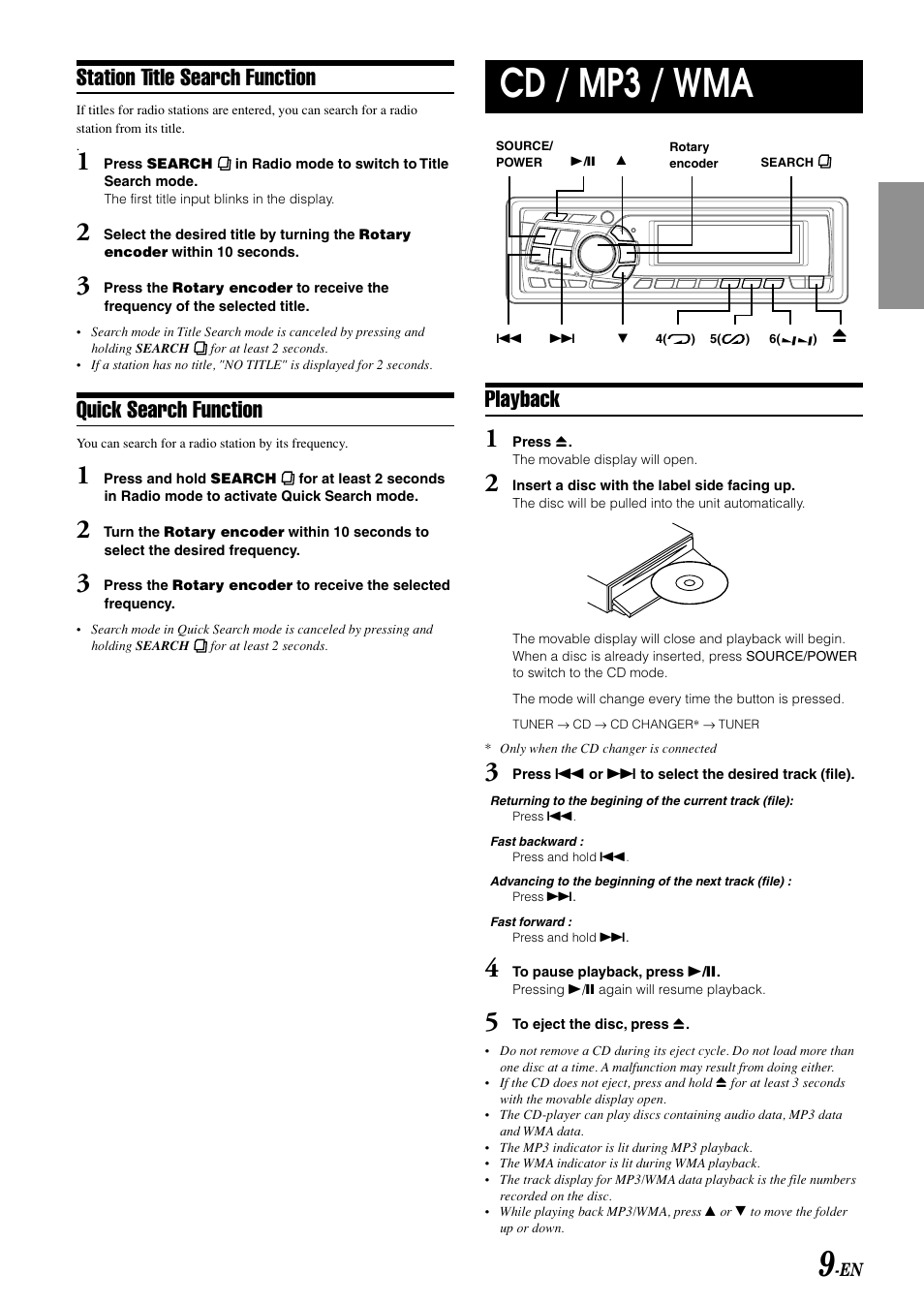 Cd / mp3 / wma, Playback, Station title search function | Quick search function | Alpine CDA-9811 User Manual | Page 11 / 43