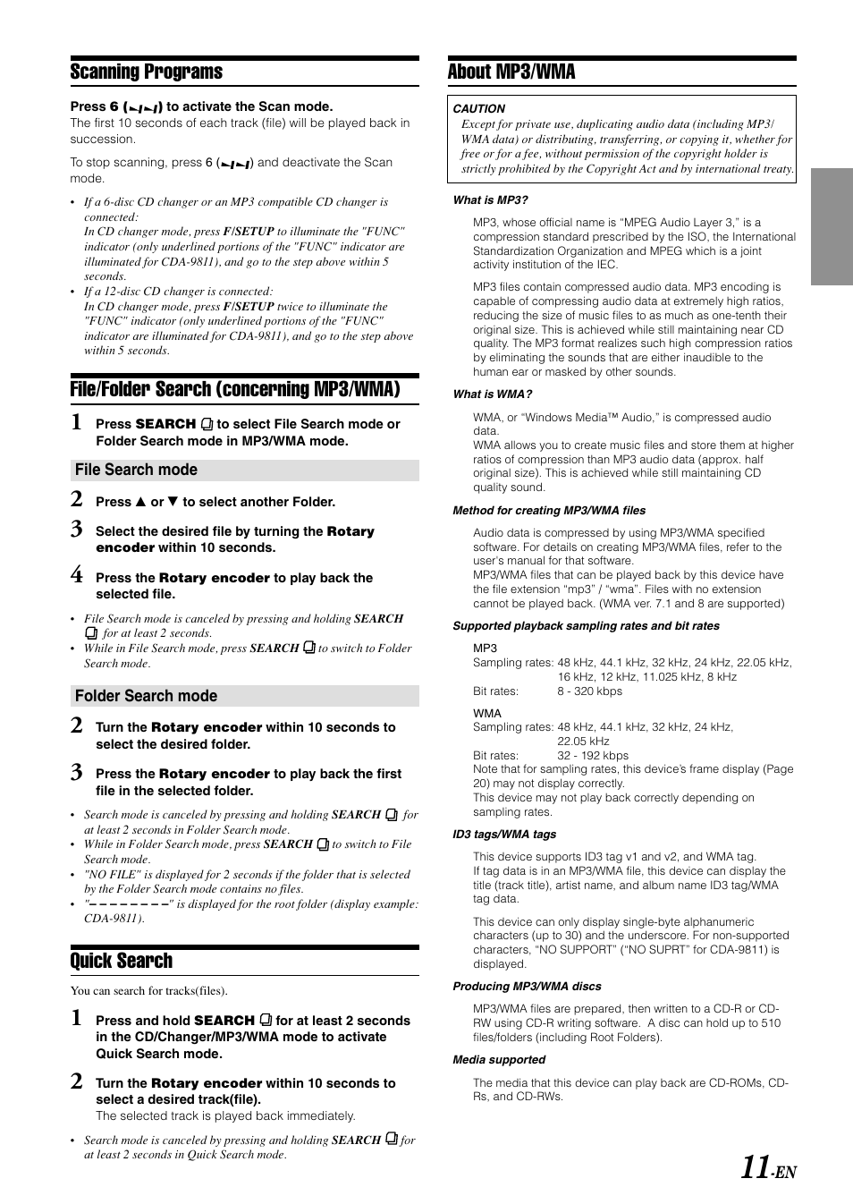 Scanning programs, File/folder search (concerning mp3/wma), Quick search | About mp3/wma | Alpine CDA-9811 User Manual | Page 13 / 43