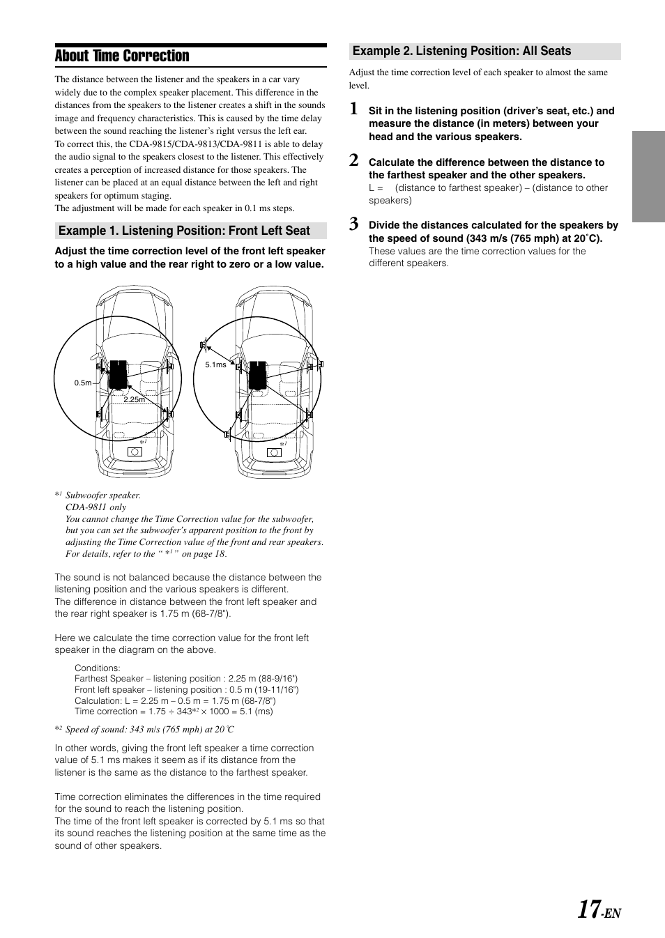 About time correction, Example 1. listening position: front left seat, Example 2. listening position: all seats | Alpine CDA-9811 User Manual | Page 19 / 43