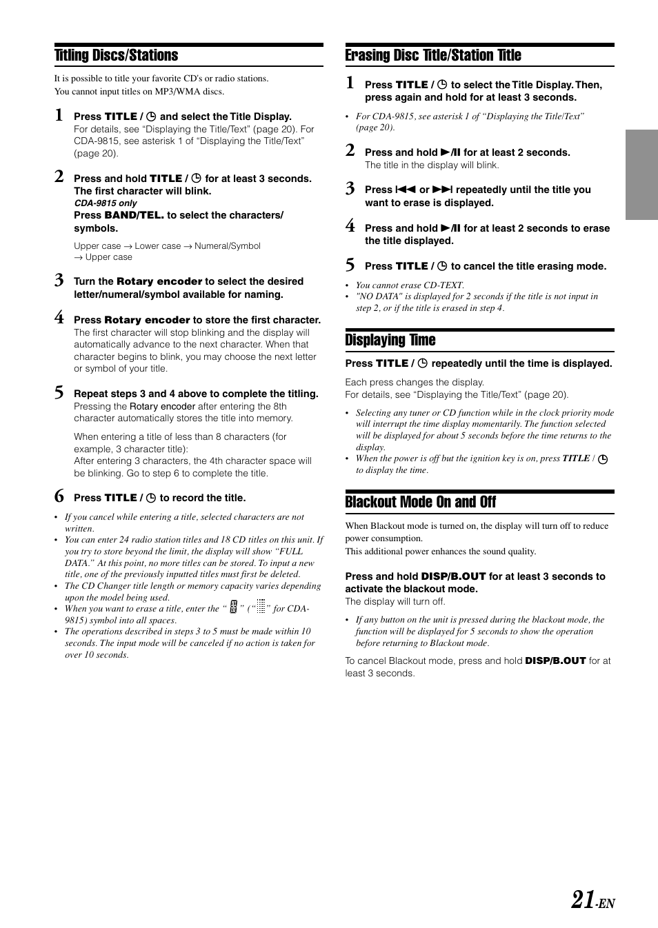 Erasing disc title/station title, Displaying time, Blackout mode on and off | Titling discs/stations | Alpine CDA-9811 User Manual | Page 23 / 43
