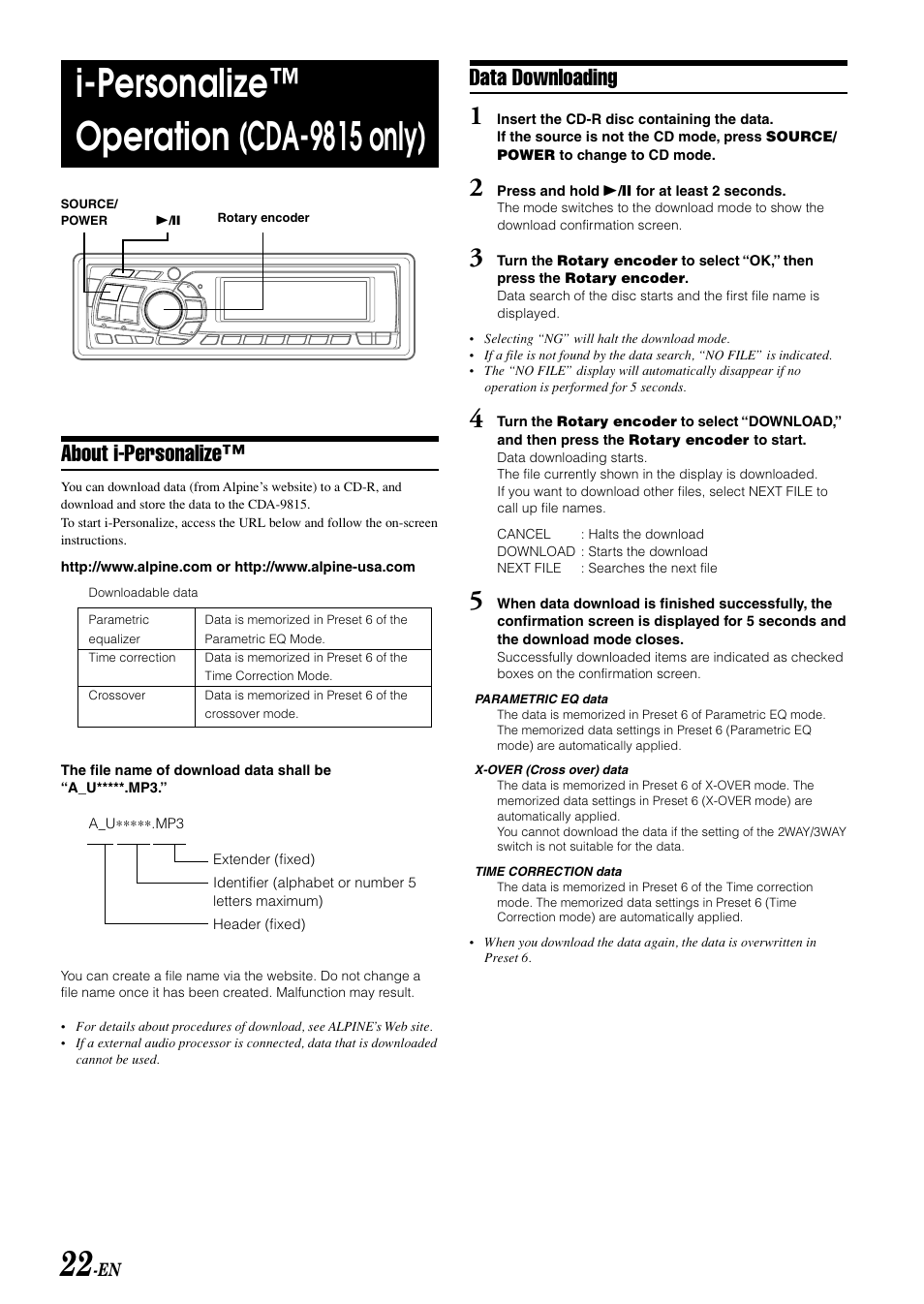 I-personalize™ operation (cda-9815 only), About i-personalize, Data downloading | Alpine CDA-9811 User Manual | Page 24 / 43