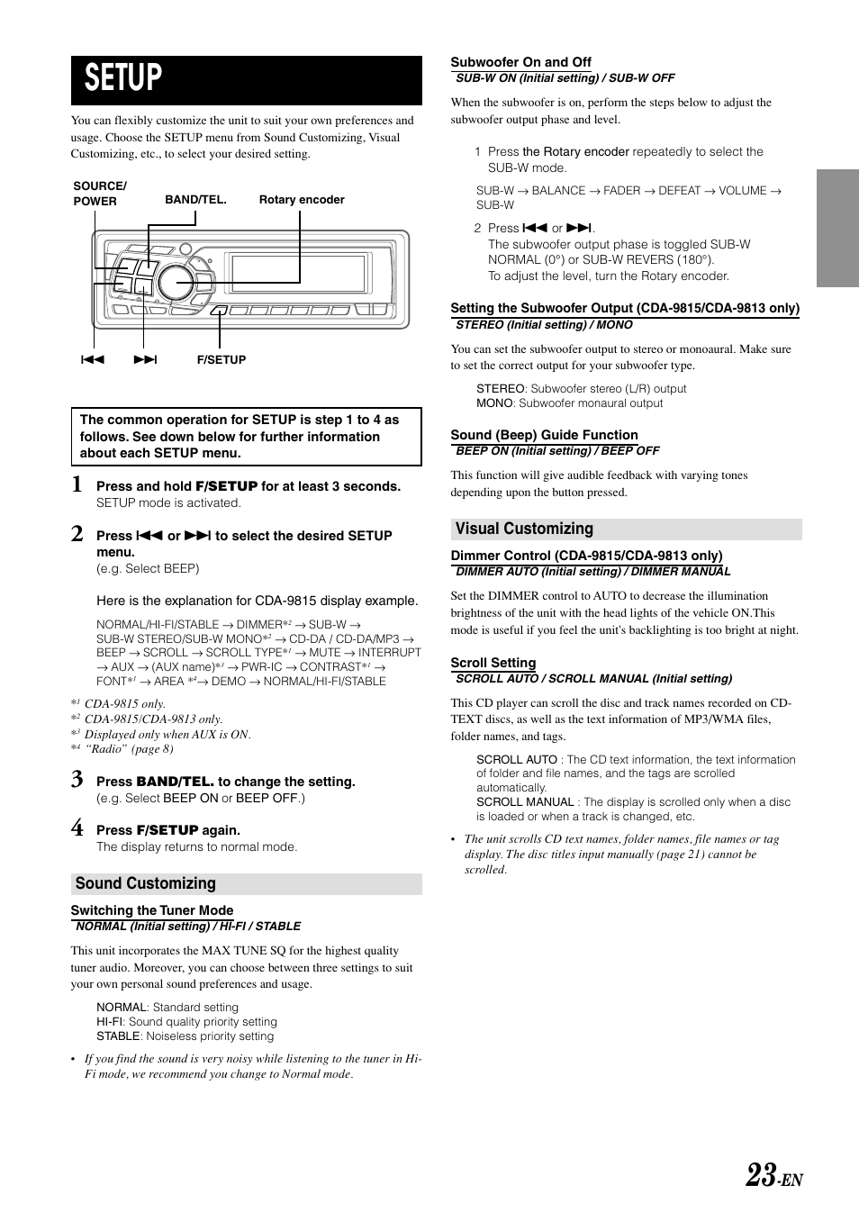 Setup, Sound customizing, Visual customizing | Alpine CDA-9811 User Manual | Page 25 / 43