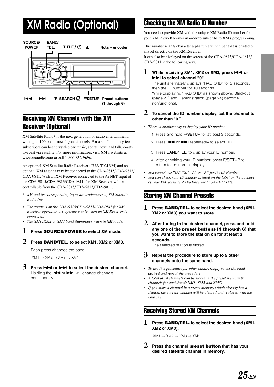 Xm radio (optional), Checking the xm radio id number, Storing xm channel presets | Receiving stored xm channels | Alpine CDA-9811 User Manual | Page 27 / 43